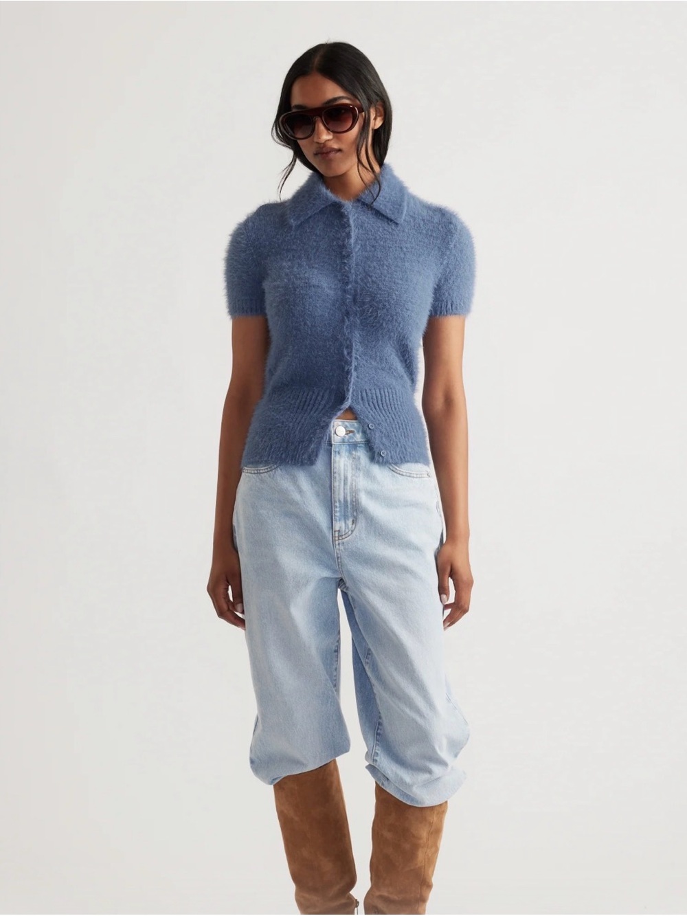 DECJUBA Short-Sleeve Fuzzy Knit Cardigan in Dusty Blue